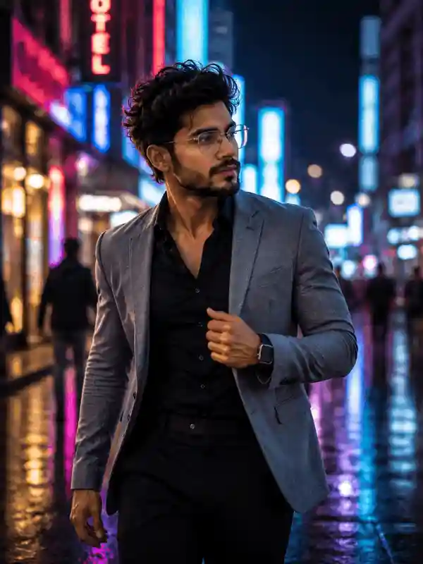 gemini prompt for men neon city walk style 6.webp Man walking in neon city street portrait created using gemini prompt for men