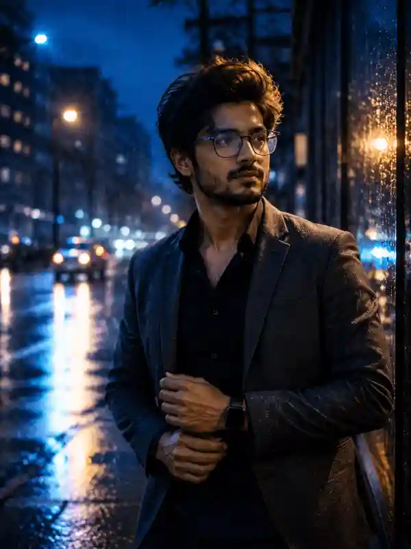 gemini prompt for men night city walk rainy portrait 2.webp Man in suit walking at night city street created using gemini prompt for men
