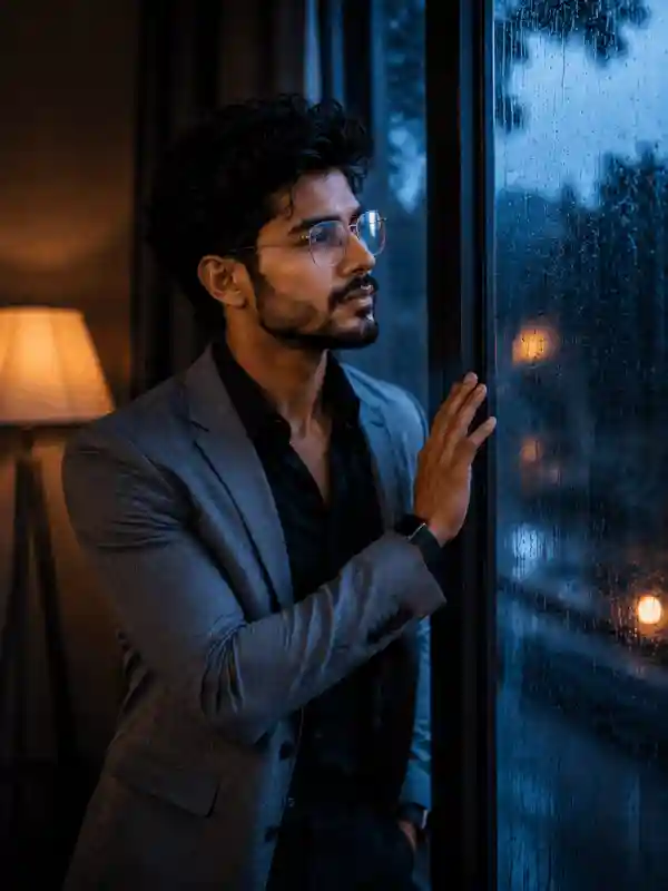 gemini prompt for men rain window thinking portrait 9.webp Man looking through rainy window portrait created using gemini prompt for men