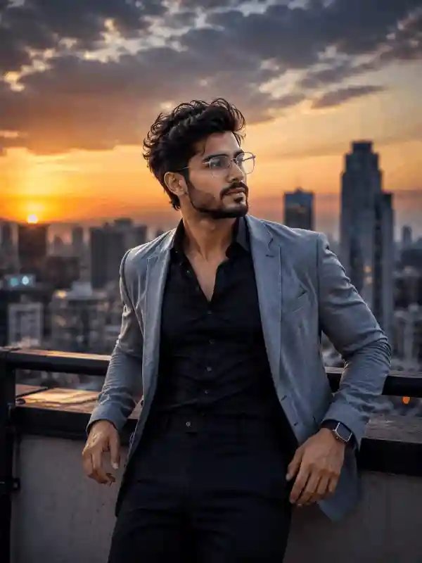 gemini prompt for men rooftop sunset grey blazer 3.webp Man in grey blazer rooftop sunset portrait created using gemini prompt for men