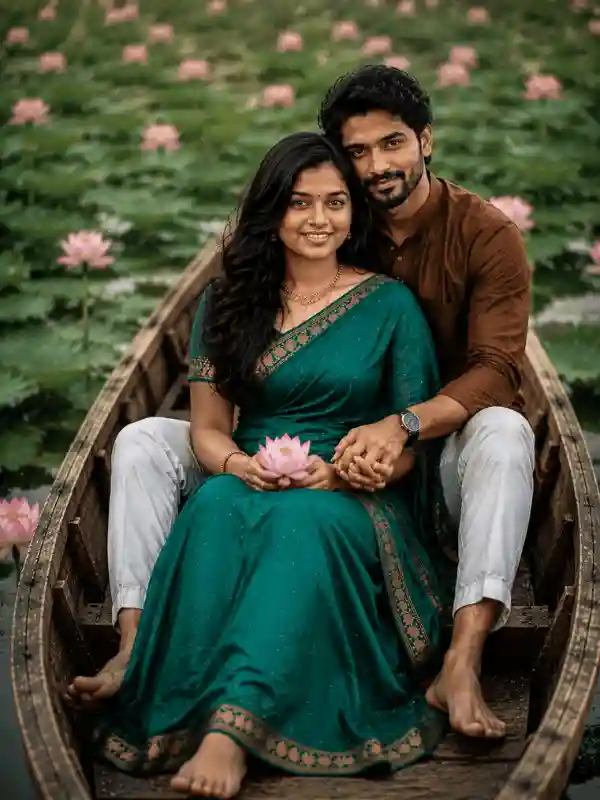 Serene romantic couple in wooden boat surrounded by lotus pond created with gemini prompts