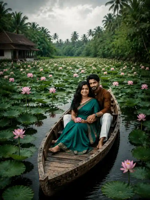 Couple sitting in boat on lotus pond wide nature view created using gemini prompts