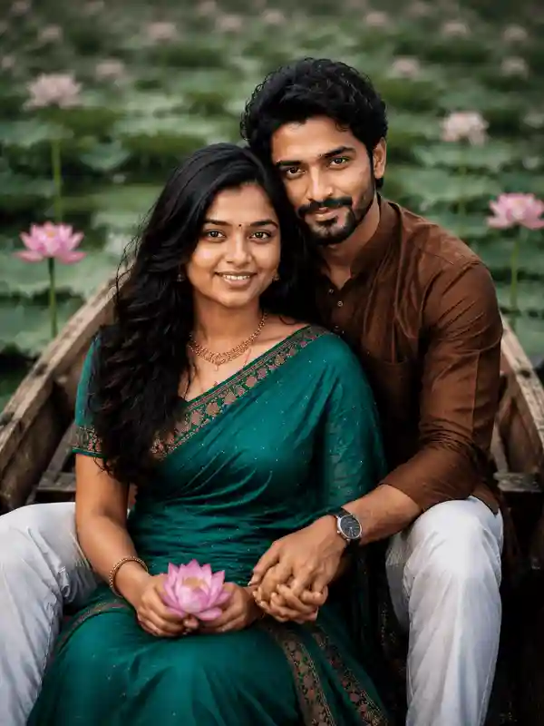 Close-up romantic couple portrait in boat surrounded by lotus flowers created with gemini prompts