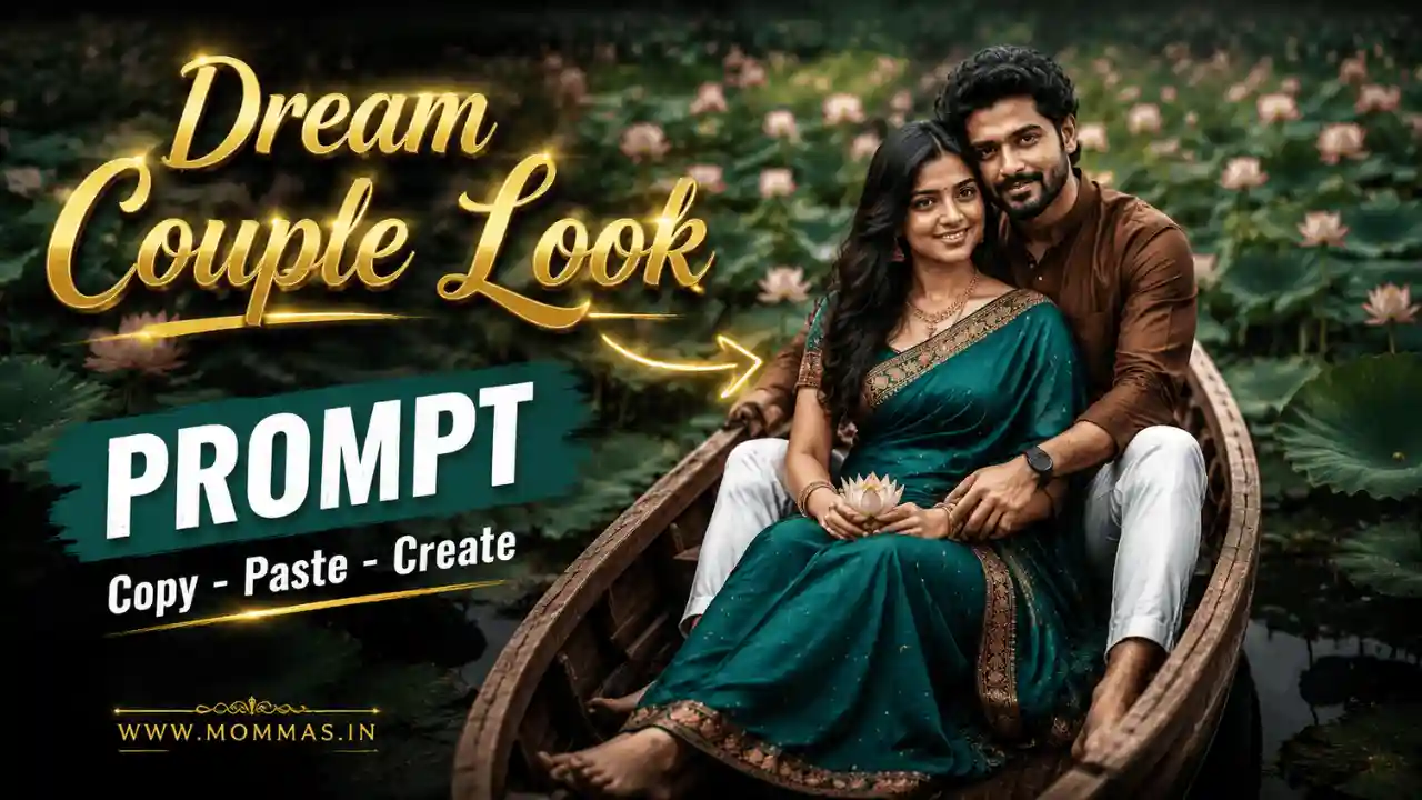 Dream couple look banner with gemini prompts text and romantic boat scene