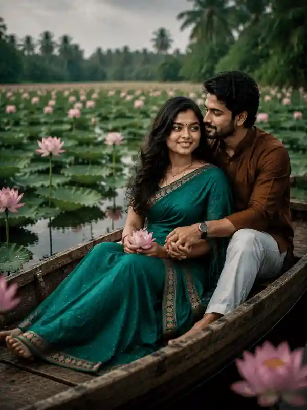 Romantic couple posing in wooden boat in lotus pond created using gemini prompts