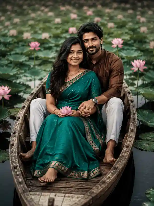 Romantic couple sitting in a wooden boat on a lotus pond created using gemini prompts
