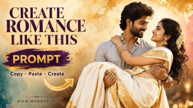 South Indian couple in a cinematic wedding portrait created with a Gemini romantic couple photo prompt