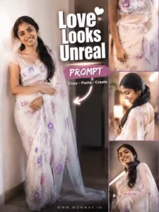svg%3E Girl in floral saree collage AI photo editing prompt