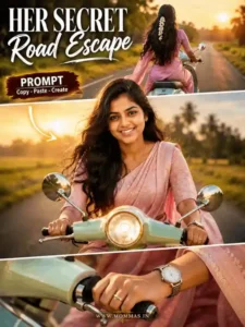 svg%3E Girl riding scooter on road cinematic AI image prompt