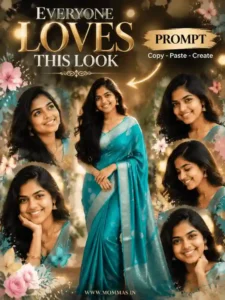 svg%3E Girl in turquoise saree collage AI image prompt