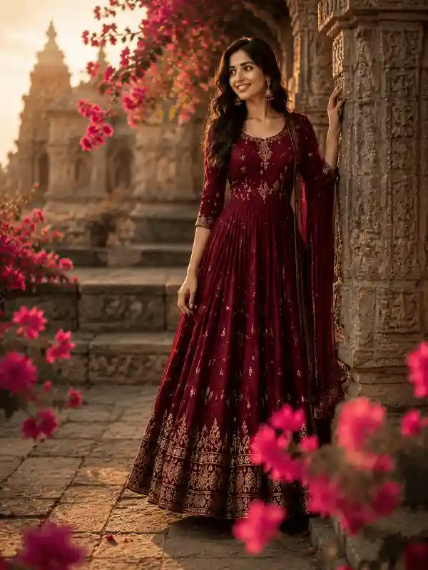 Elegant woman standing near ancient architecture created using girls ai prompts
