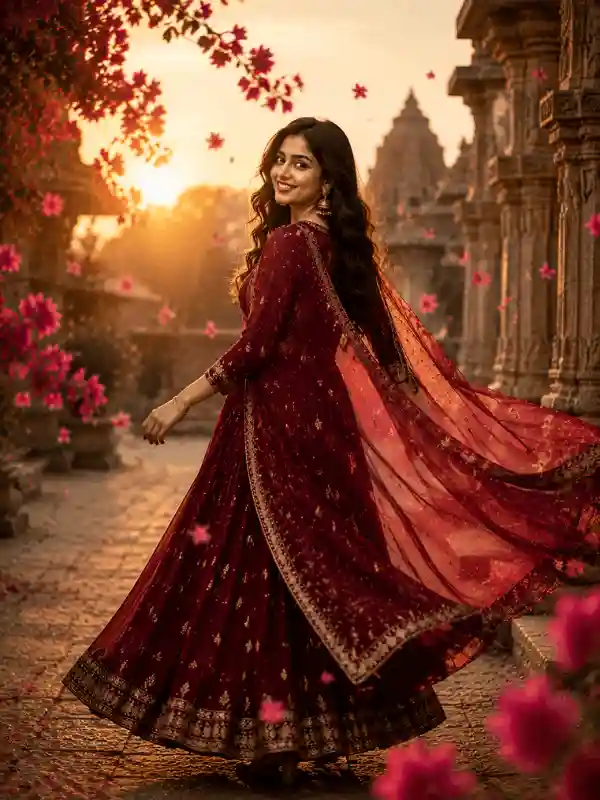 Woman in flowing dress during sunset portrait created using girls ai prompts