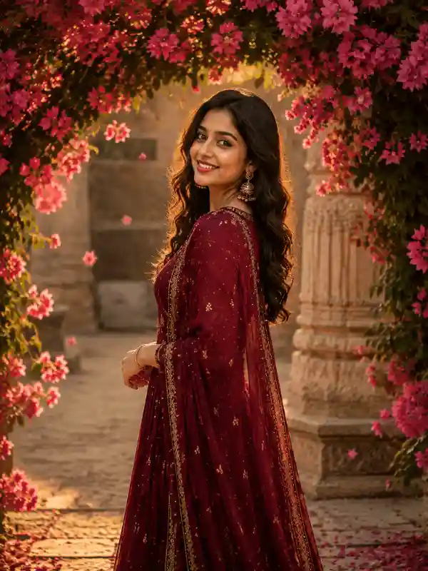 Smiling woman in traditional dress with floral background created using girls ai prompts