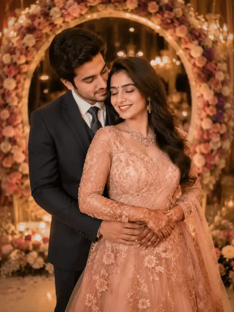 glamorous wedding couple prompt gemini.webp Glamorous wedding couple prompt for Gemini with cinematic floral background