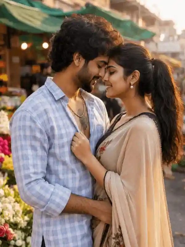 golden hour couple photo prompt.webp Golden hour South Asian couple portrait in a colorful market