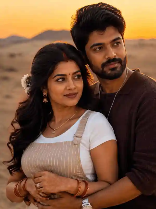 golden hour newlywed couple prompt 1.webp 1 Romantic South Asian newlywed couple portrait at golden hour sunset