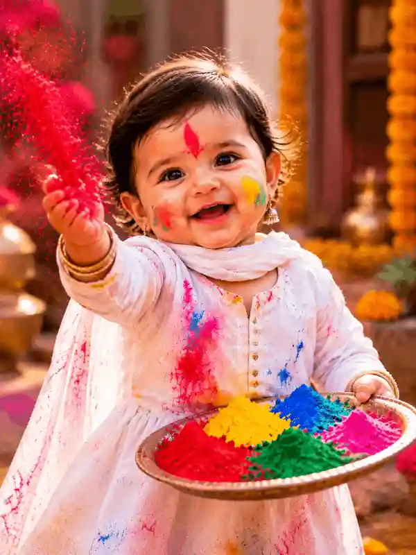 holi ai photo editing prompt baby color powder play smile 4.webp Smiling baby throwing Holi colors created with holi ai photo editing prompt