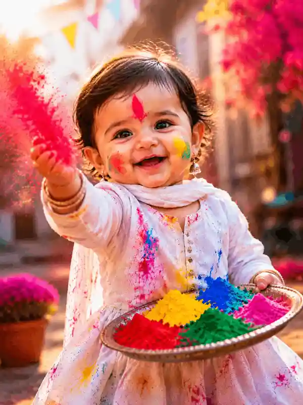 holi ai photo editing prompt baby festival street colors 3.webp Baby celebrating Holi festival on street with colors using holi ai photo editing prompt