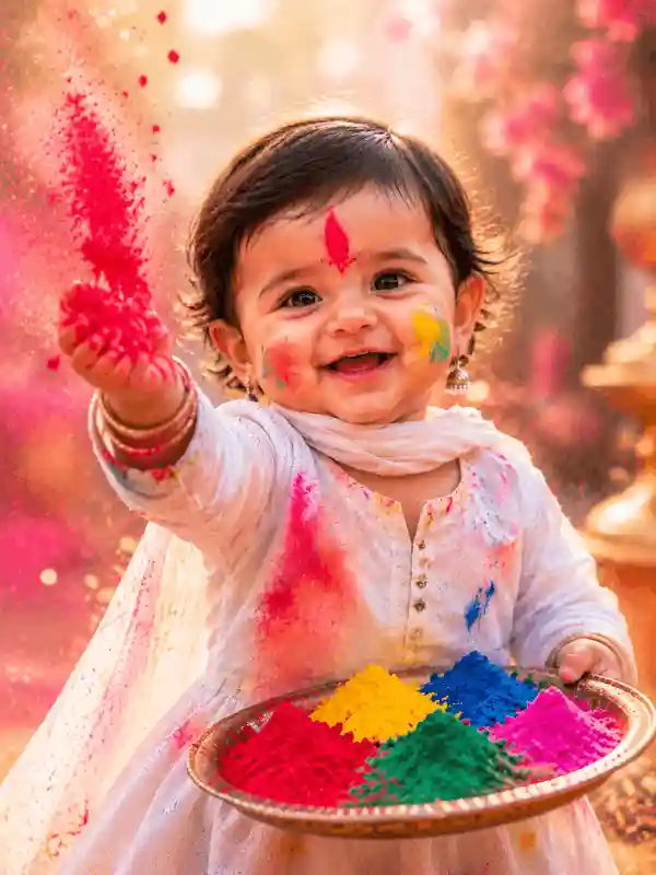 holi ai photo editing prompt baby happy festival colors 5.webp Happy baby covered in colorful Holi powder created using holi ai photo editing prompt
