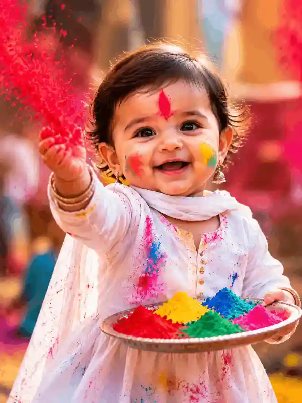 holi ai photo editing prompt baby holi smile colors 1.webp Baby enjoying Holi colors with festive smile created using holi ai photo editing prompt
