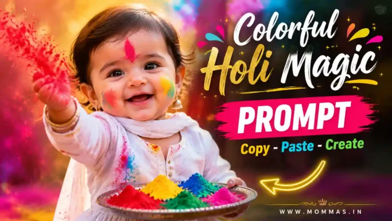 Colorful Holi AI photo editing prompt banner with baby and text design
