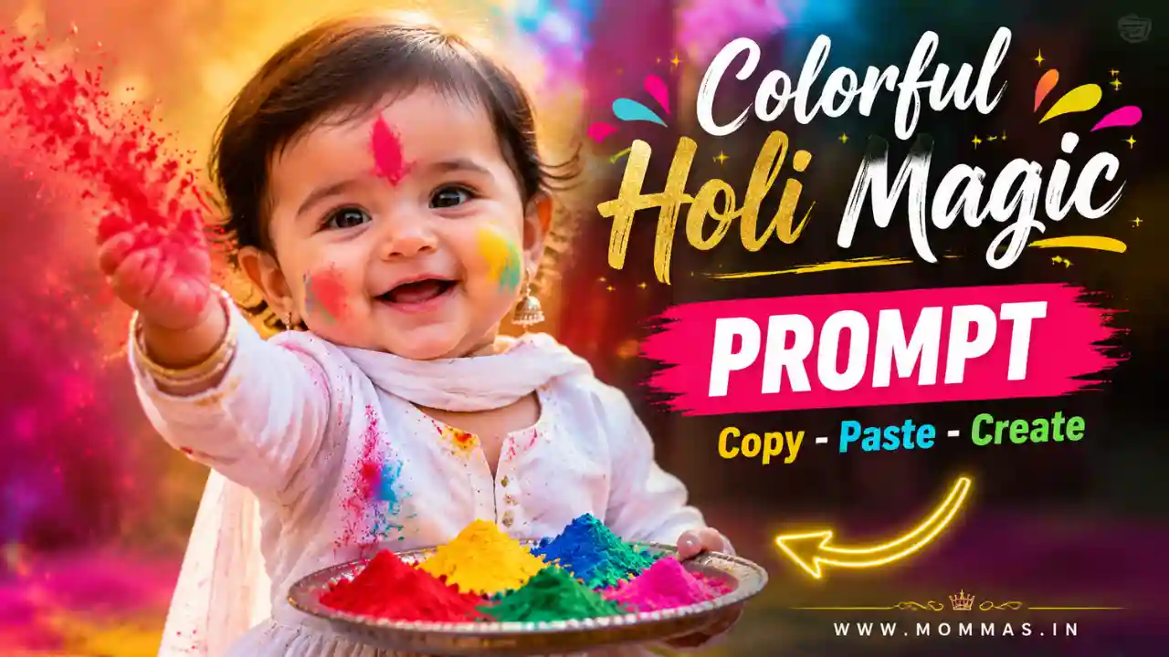 holi ai photo editing prompt banner colorful magic ai prompt 6.webp Colorful Holi AI photo editing prompt banner with baby and text design
