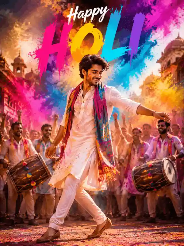 Street Holi celebration with dancing man and colorful powder created using holi prompt