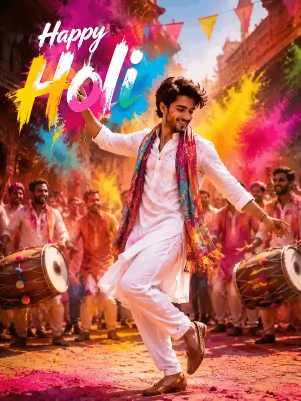 Man dancing in Holi festival with color burst created using holi prompt