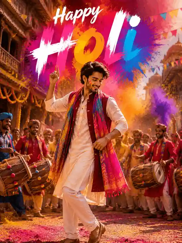 Man dancing with flying Holi colors in festive street created using holi prompt