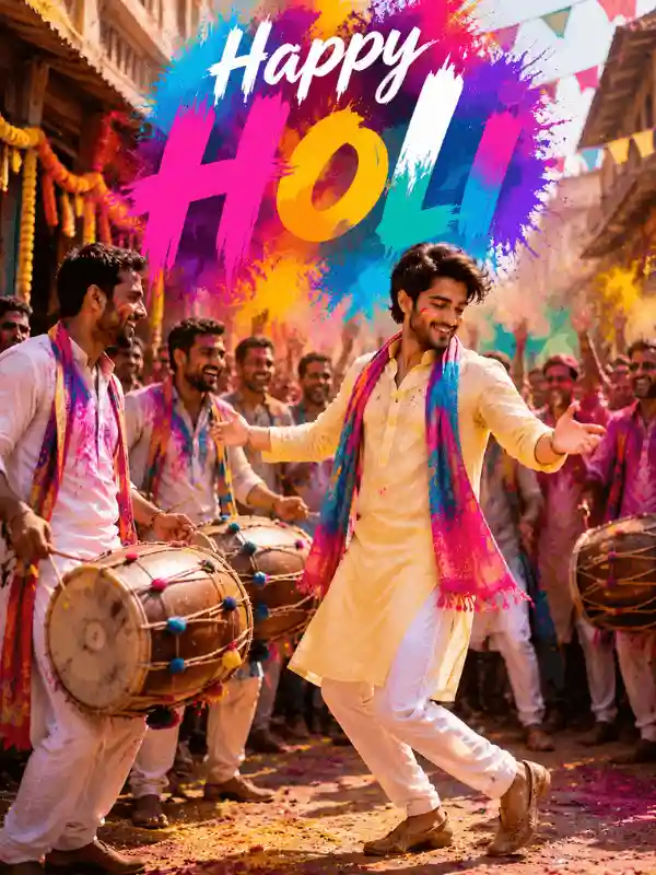 Holi festival dance with musicians and color explosion created using holi prompt