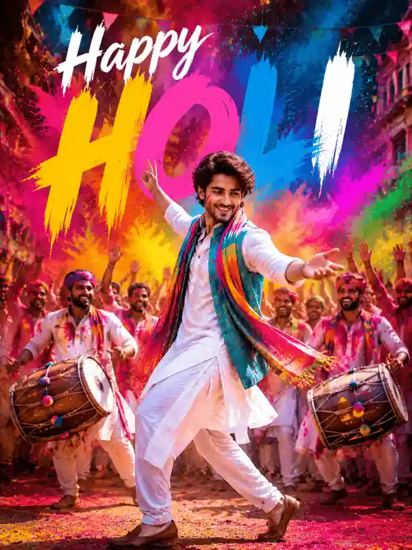 Joyful Holi dance with color powder explosion created using holi prompt