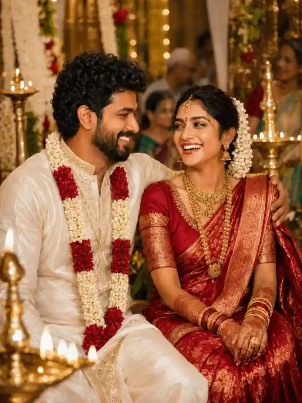 indian wedding couple prompts candid laugh moment 3.webp Indian wedding couple prompts candid smiling and laughing moment