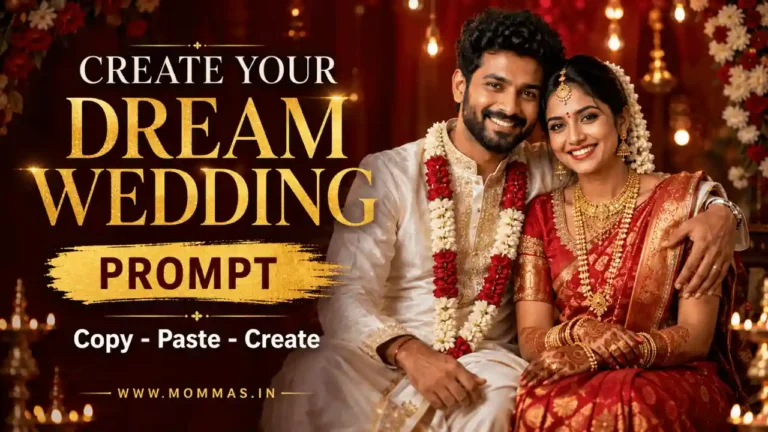 Indian wedding couple prompts banner design featuring bride and groom with text create your dream wedding prompt