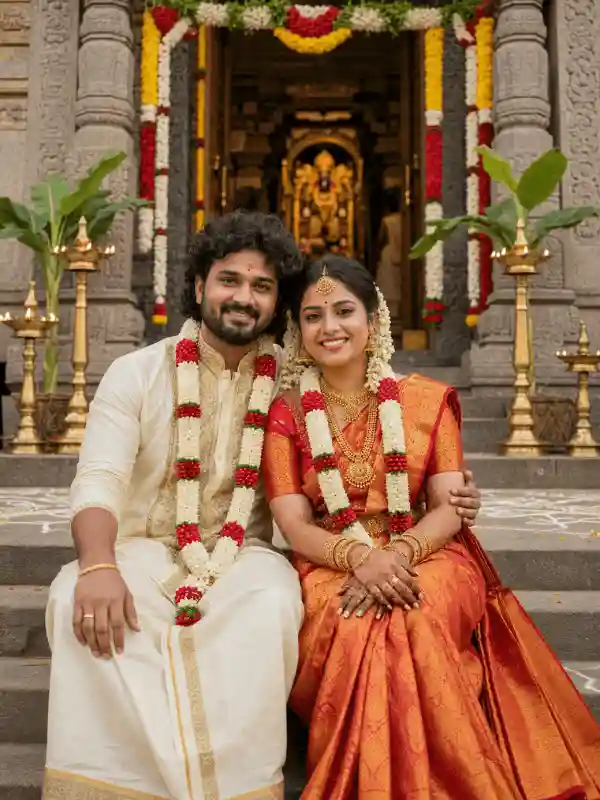 indian wedding couple prompts snow hill romance 9.webp Indian wedding couple prompts featuring couple seated in traditional mandir-style wedding setup