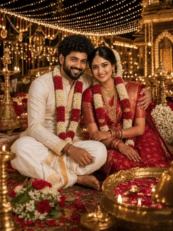 indian wedding couple prompts temple entrance portrait 8.webp Indian wedding couple prompts temple entrance traditional portrait