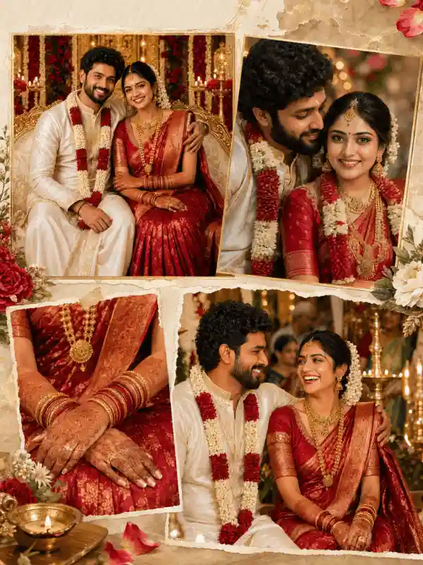 indian wedding couple prompts traditional ceremony bride groom.webp Indian wedding couple prompts featuring a traditional bride and groom dressed in red and white attire sitting together during a ceremonial Hindu wedding celebration.