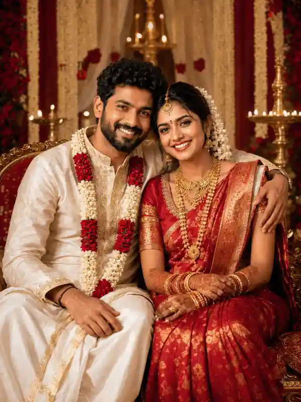 indian wedding couple prompts traditional stage smile 1.webp Indian wedding couple prompts featuring a traditional South Indian bride and groom sitting together in a decorated wedding setting