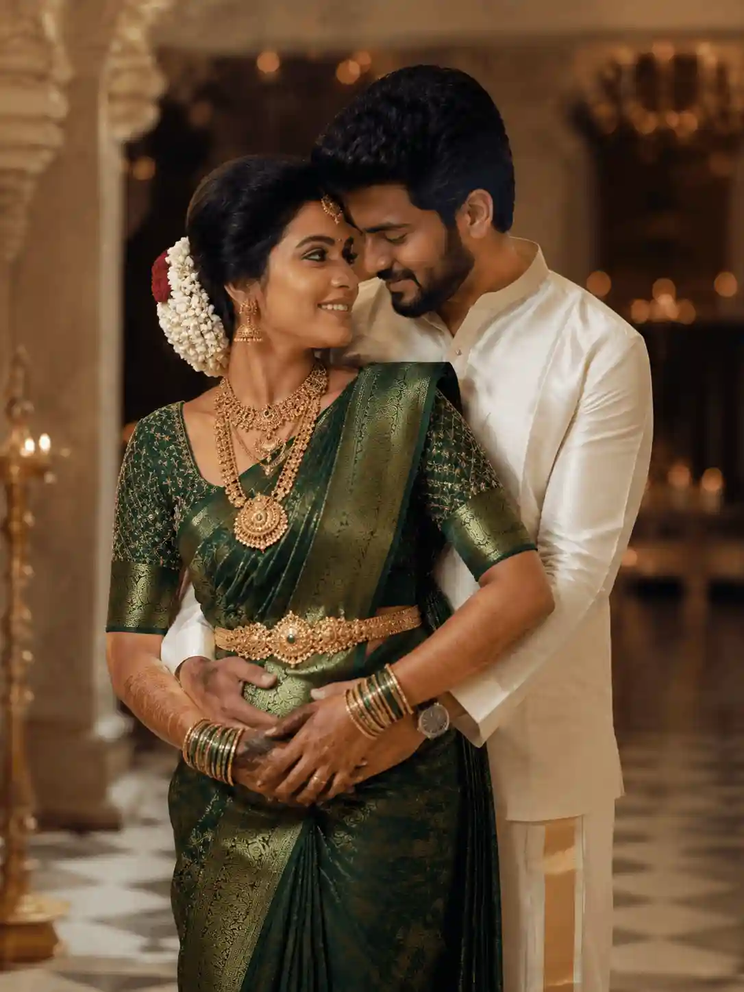 intimate heritage couple look prompt.webp Intimate heritage couple prompt for Gemini with South Indian pre-wedding style