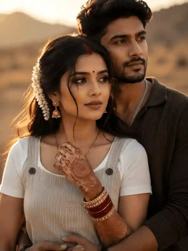 jasmine hair romantic couple prompt.webp Romantic Indian couple portrait with jasmine flowers and golden hour light