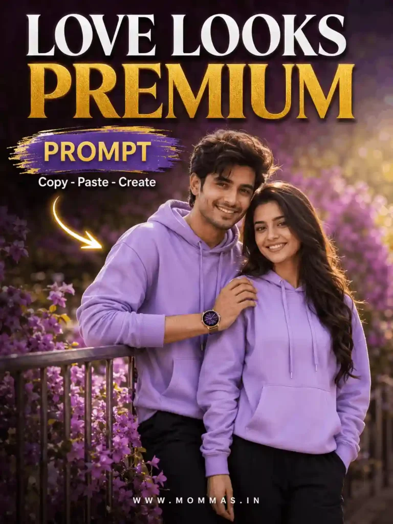 love looks premium couple ai prompt Couple wearing matching lavender hoodies in Love Looks Premium AI prompt poster