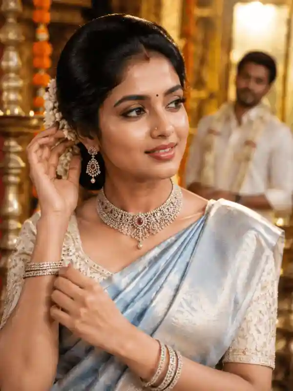 Luxury South Indian bridal close-up with groom reflection Gemini prompt