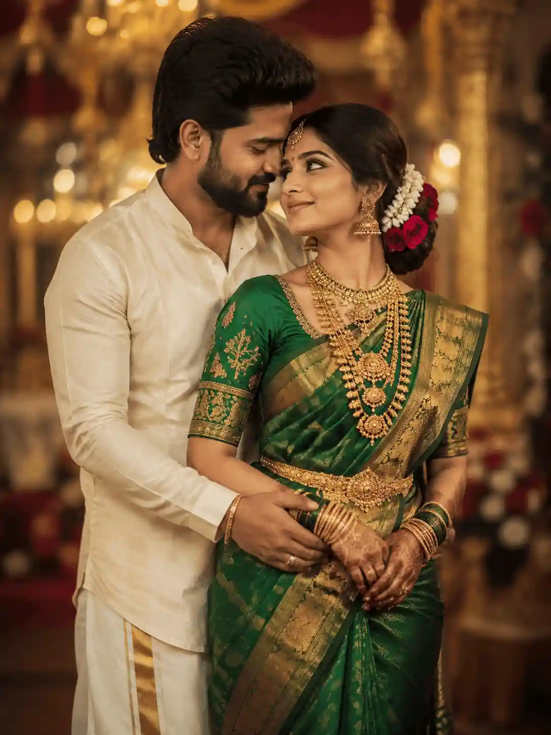 luxury temple jewelry couple prompt.webp Luxury temple jewelry Gemini couple prompt with emerald saree and veshti