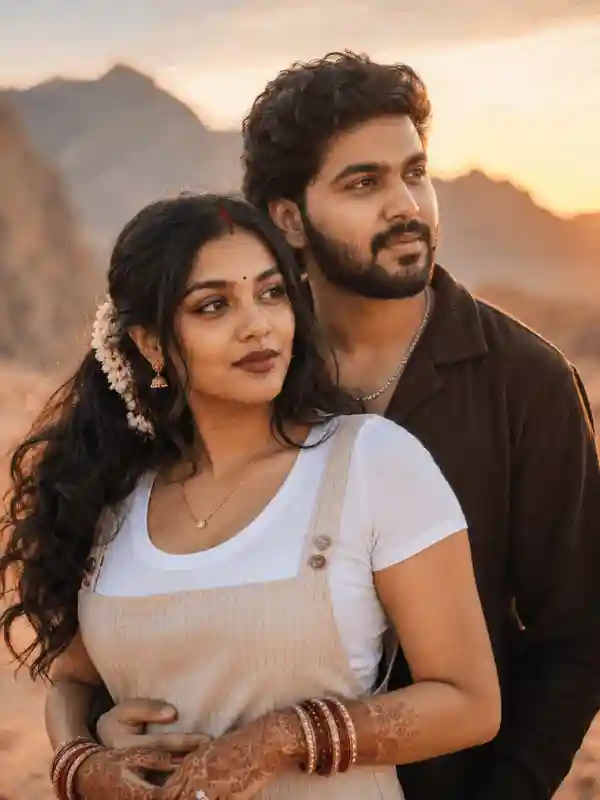 luxury travel couple photo prompt.webp Luxury travel-style South Asian couple portrait at golden sunset