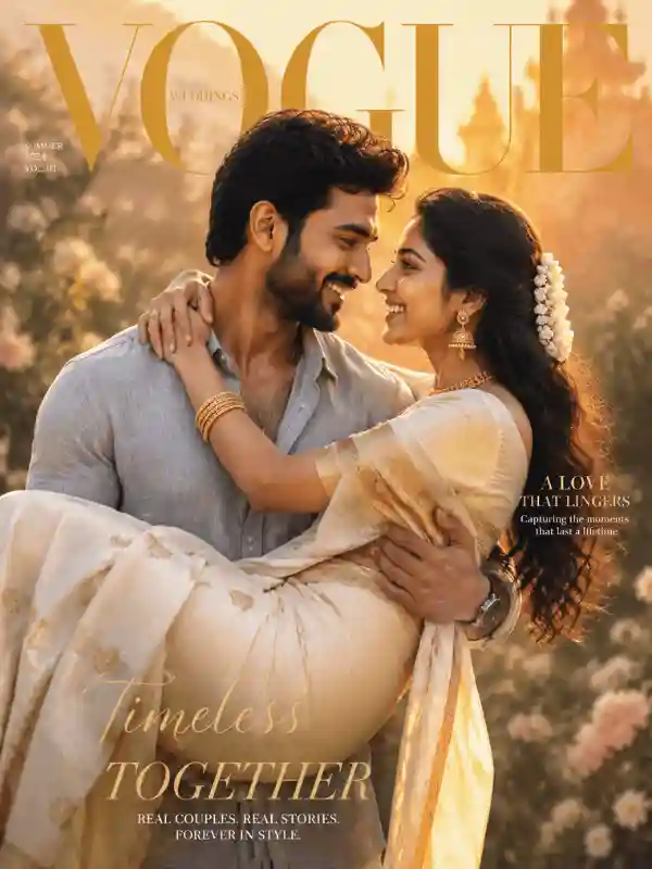 Magazine cover South Indian romantic couple Gemini AI prompt