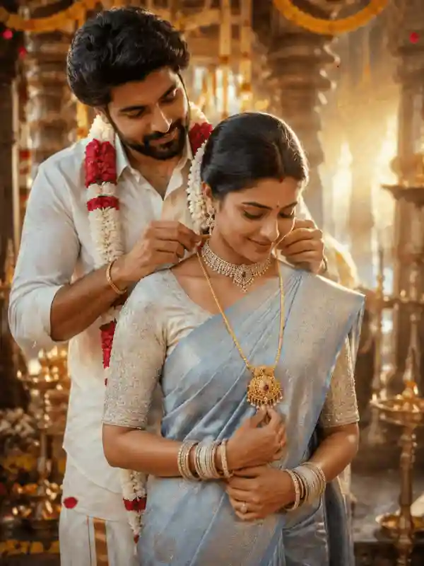 South Indian bride and groom mangalsutra ceremony romantic Gemini prompt