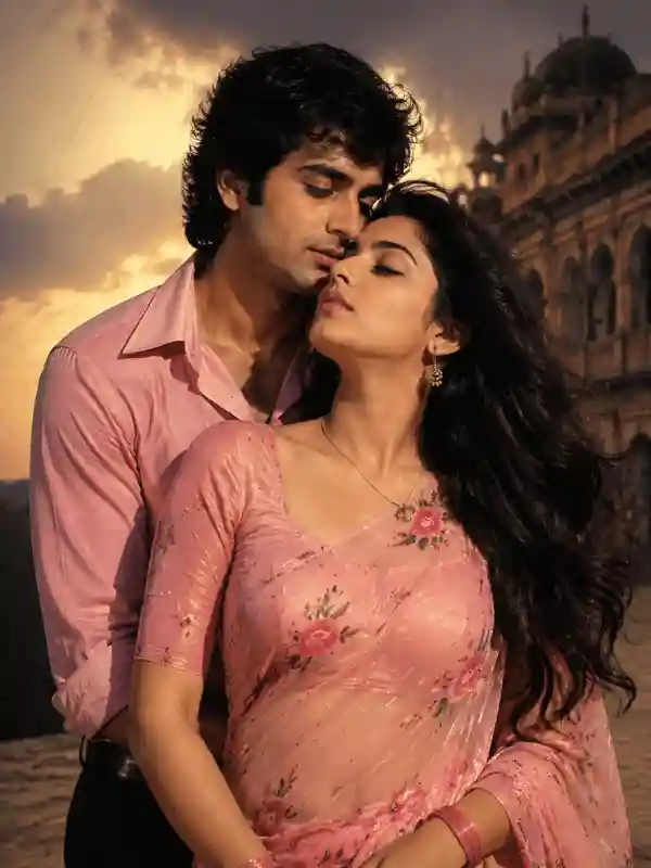 Old Bollywood style Gemini AI retro couple photo prompt with pink sari