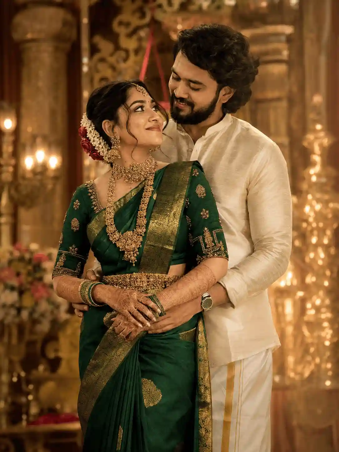 palace romance couple prompt.webp Palace romance Gemini couple prompt with traditional South Indian styling