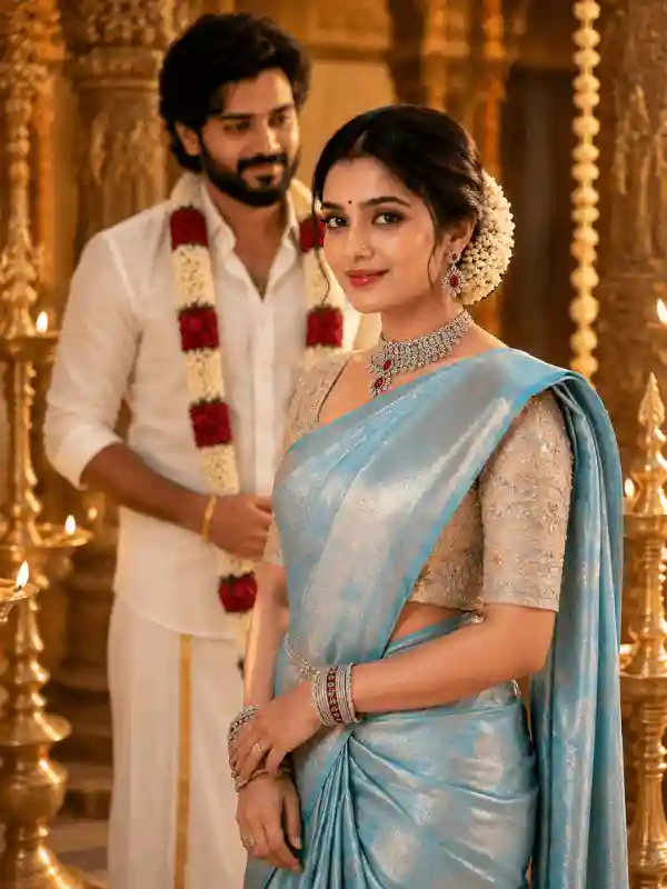 Pastel blue South Indian bridal editorial couple Gemini prompt