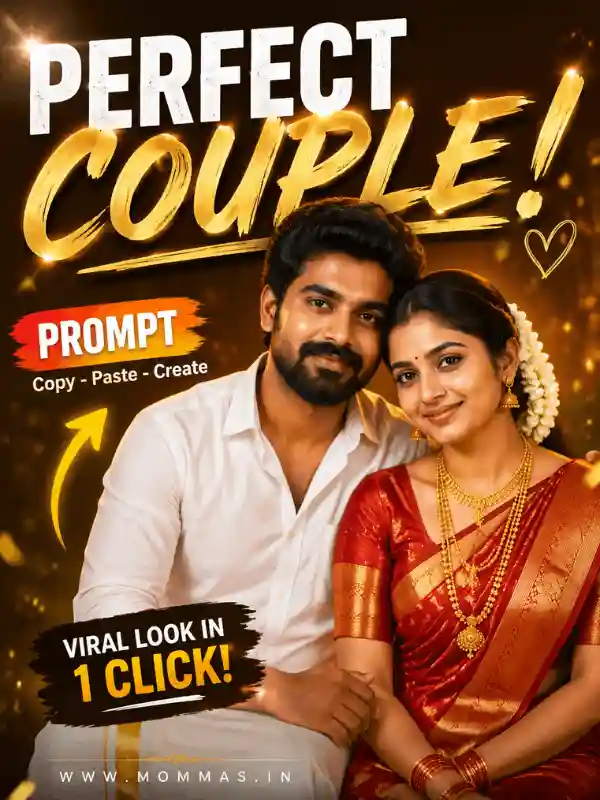 perfect couple ai photo prompt viral look.webp Happy Indian couple wedding portrait in traditional attire with warm golden background