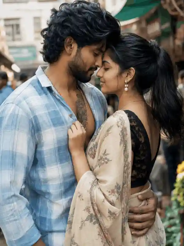 premium couple poster prompt.webp Premium poster-style romantic South Asian couple portrait in market street